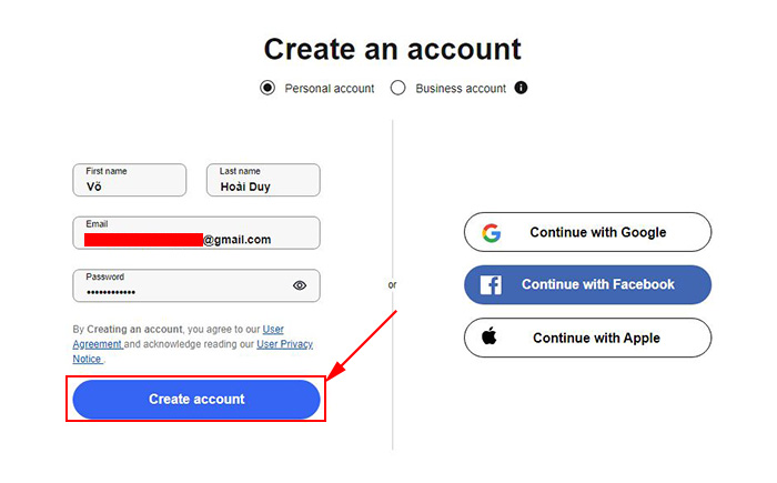 Điền đầy đủ thông tin và chọn Create account