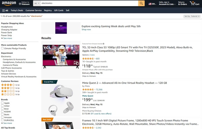 Đồ điện tử là một trong những mặt hàng bán chạy trên Amazon